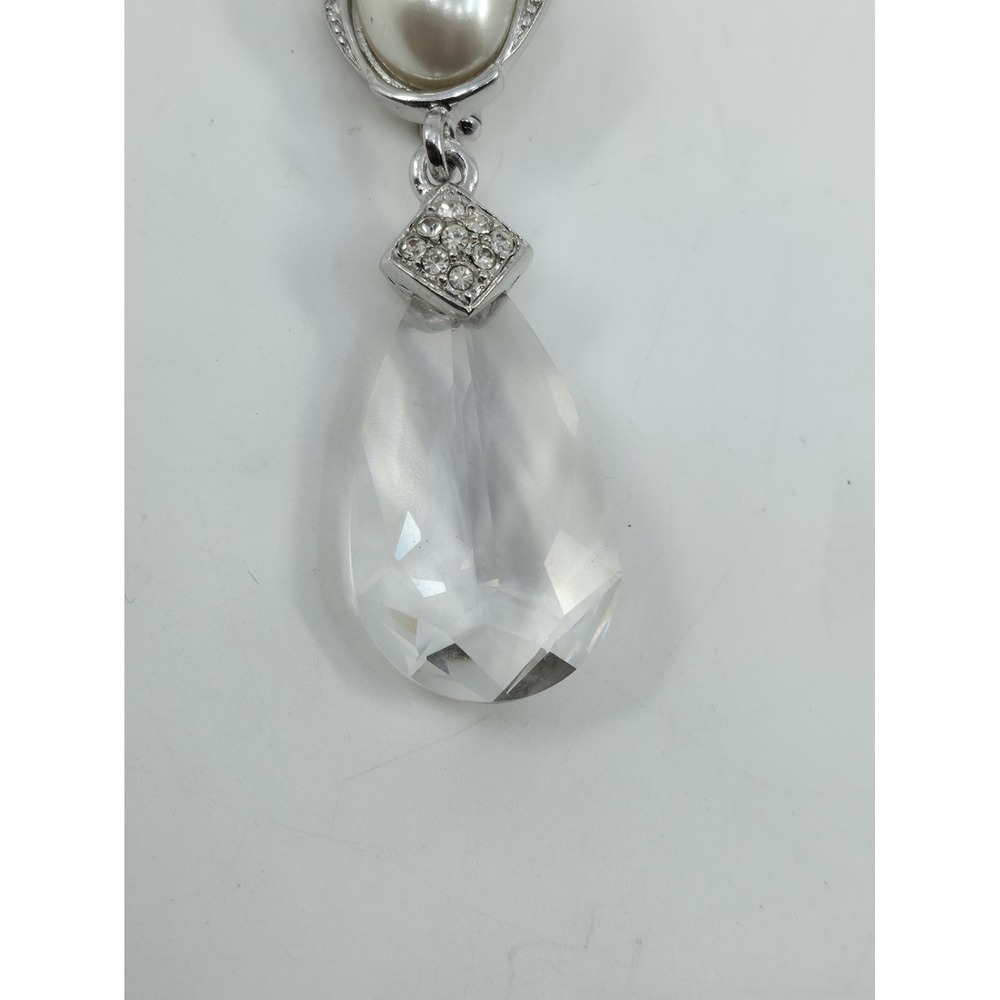 Vintage Signed Craft Silver Tone Faux Pearl Rhinestone Teardrop Crystal Brooch - Picture 4 of 6